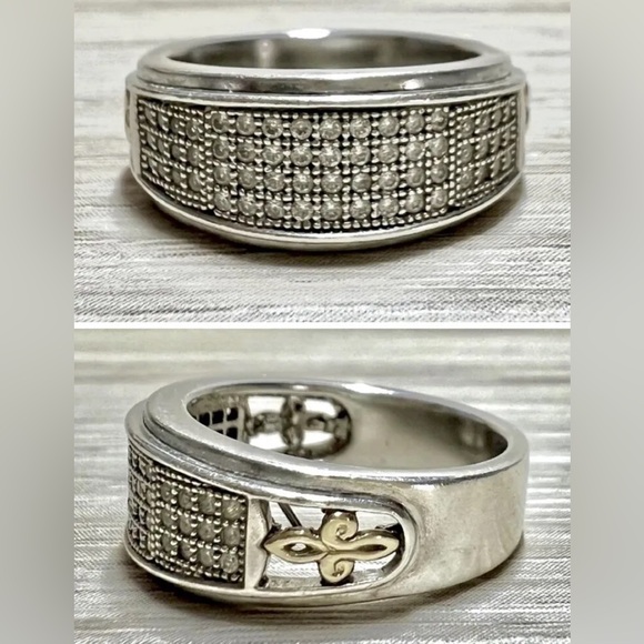 Jewelry - Designer Signed Sterling Silver & 14K Yellow Gold Pave Diamond Band Ring, Size 7